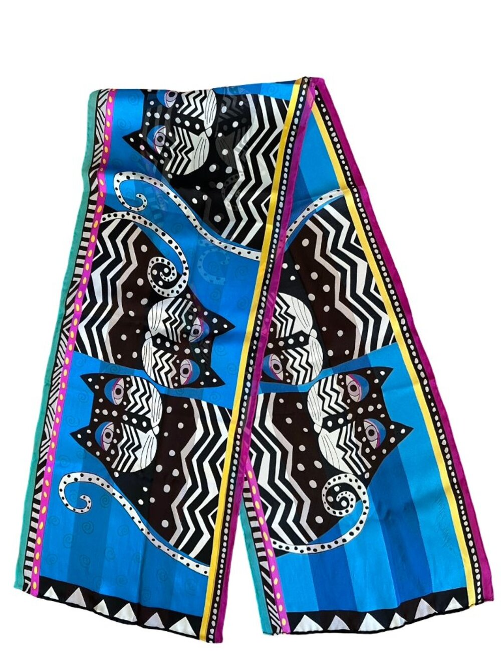 Laurel Burch 100% Silk Rectangular Long Scarf Black White Cats Art